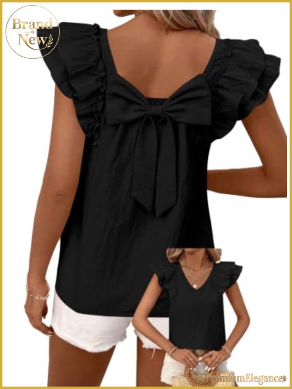 Womens V-Neck Babydoll Ruffle Short Sleeve Bow Tie Back Tunic Top